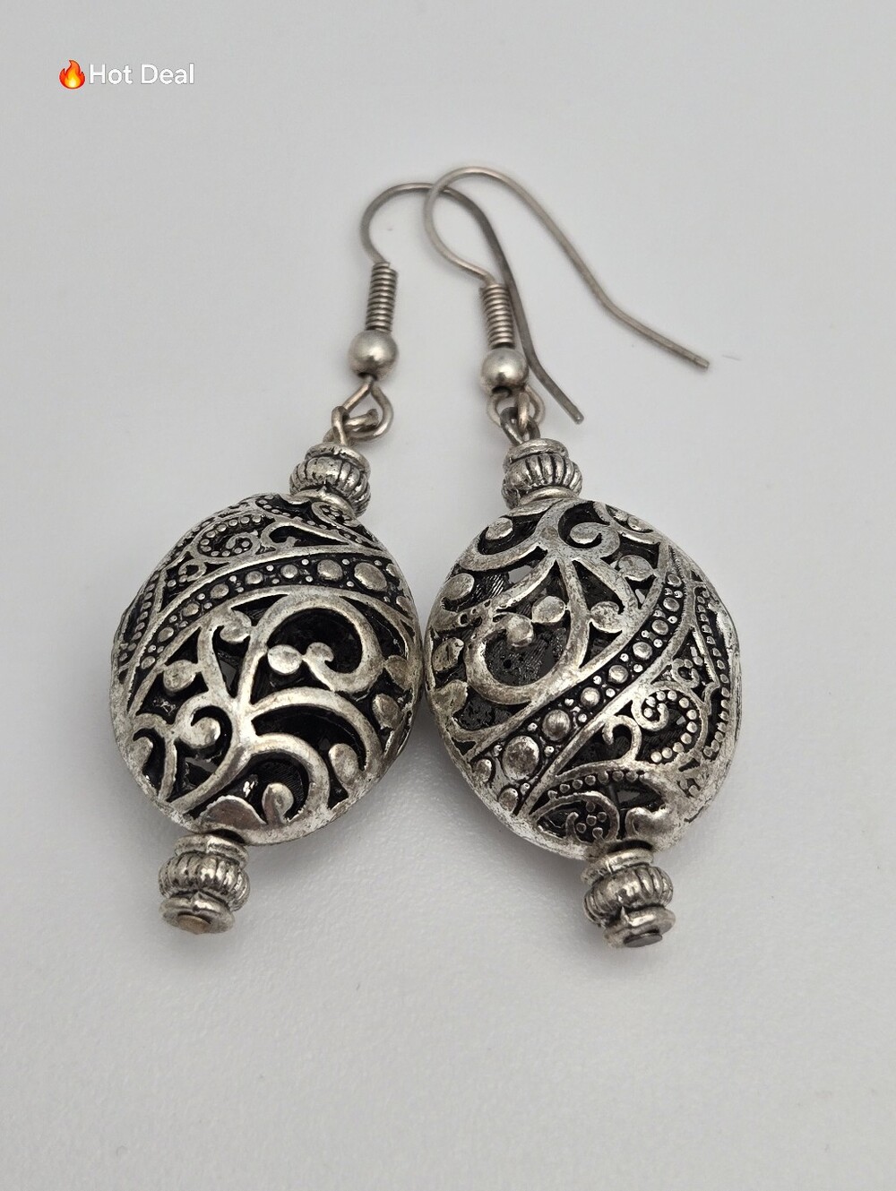 Large Oval Tibetan Style Silver Tone Filigree Dangle Earrings 2.25"